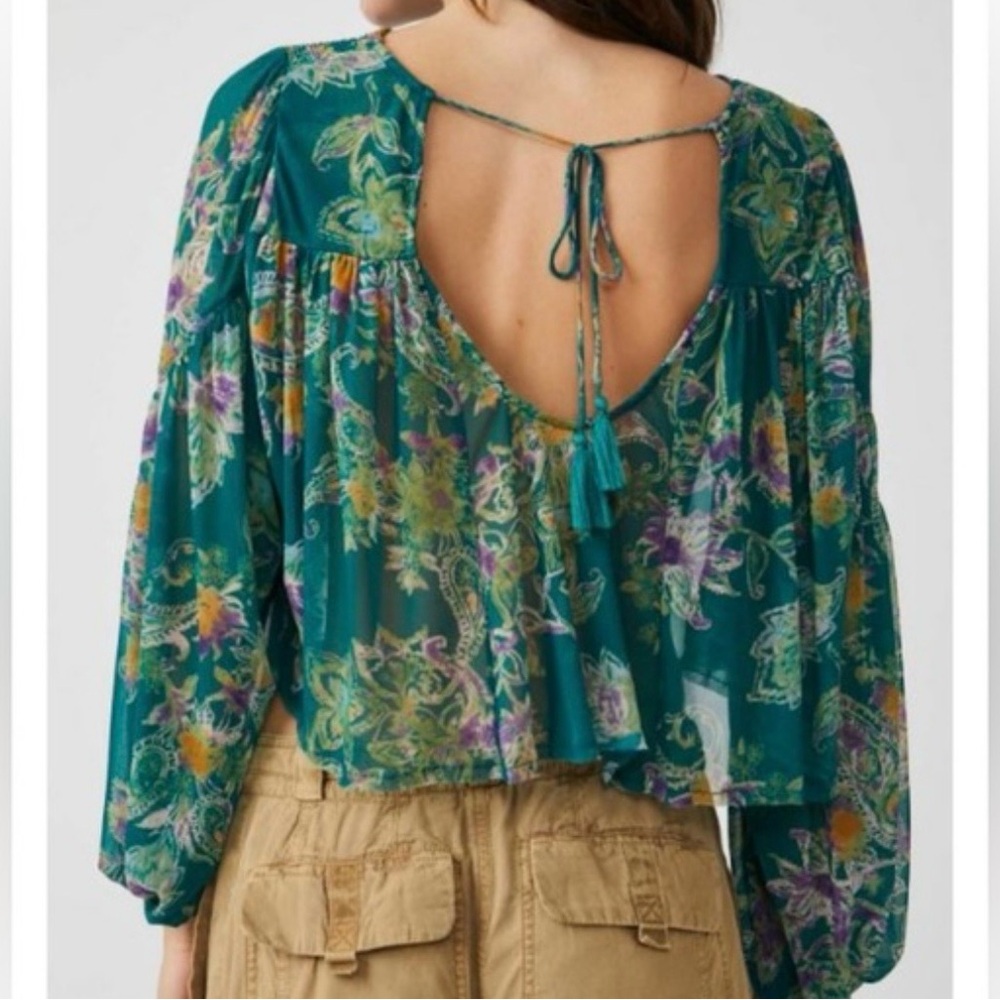 Free People Teal Floral Smocked Yoke Long Sleeve Blouse